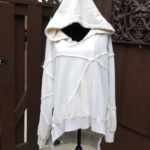 RARE Free People L Oversized Gray & Ivory Patchwork Hoodie Sweatshirt - Picture 2 of 6